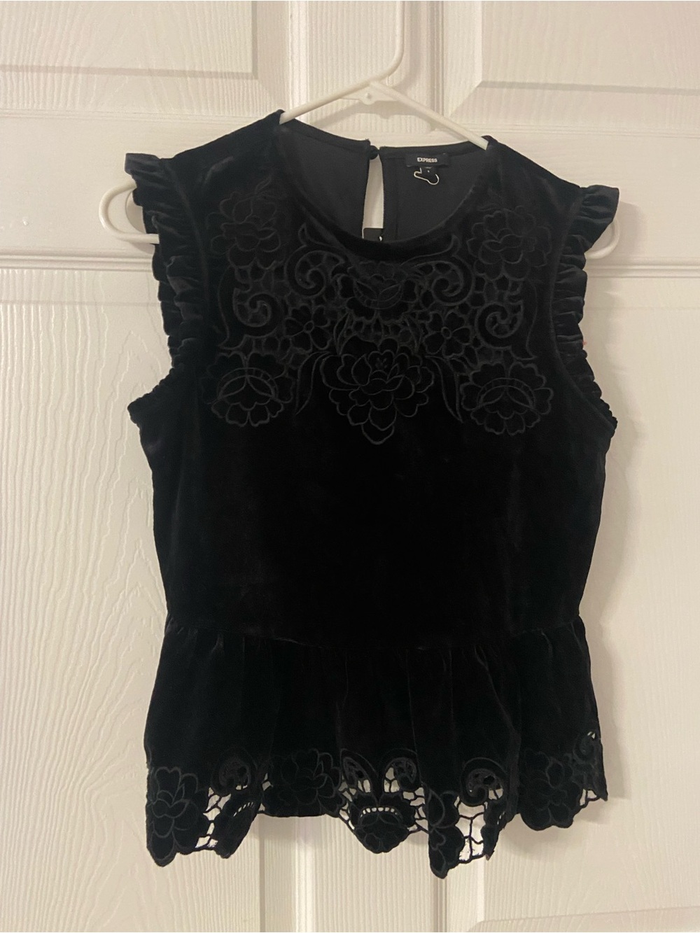 T40- EXPRESS Black Ruffle CutOut Embroidered VELVET Peplum Top